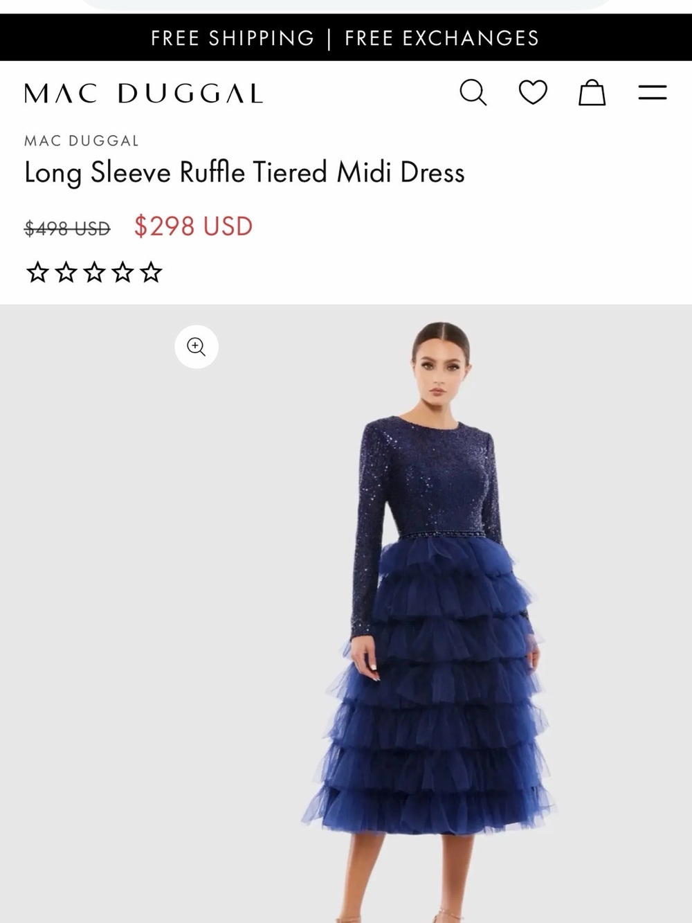 Mac Duggal Navy Long-Sleeve Sequined Bodice Tiered Tulle Midi Dress